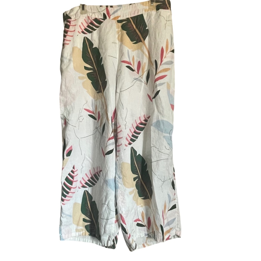 Cynthia Rowley Womens 1X Tropical Leaf Print 100% Linen Wide Leg Pants White